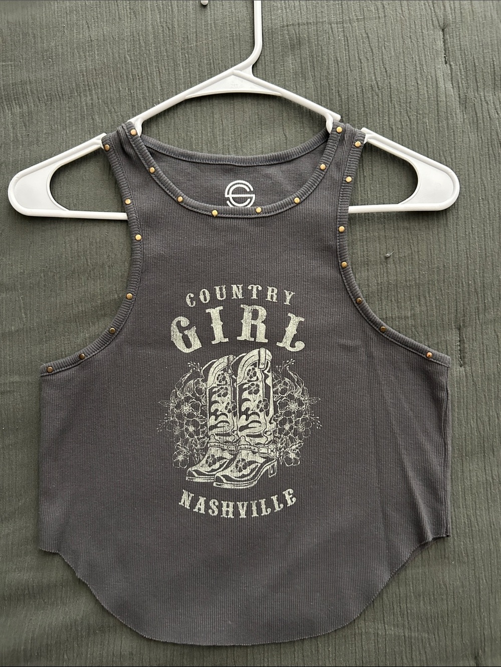 Country Girl Nashville Stud-Trim Tank Top - Charcoal